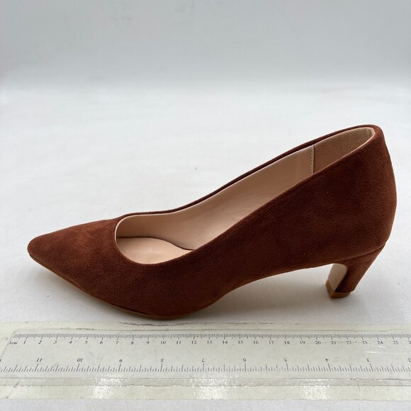 FSJ Brown Suede Kitten Heel Closed Toe Pumps Slip On Office Ladies Prom Shoes - Picture 1 of 7